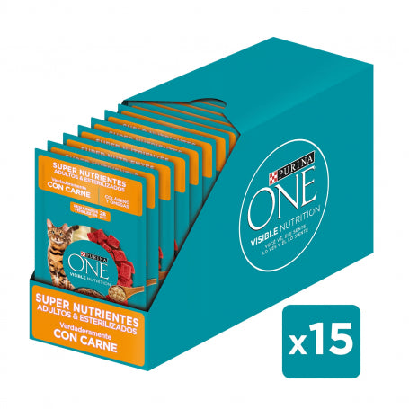 Pack 15 Sobres Purina One Gato Adulto Esterilizado Super Nutrientes 85g (Carne)