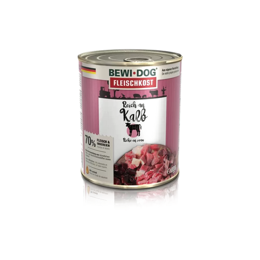 Bewidog latas rico en ternera alimento húmedo para perros