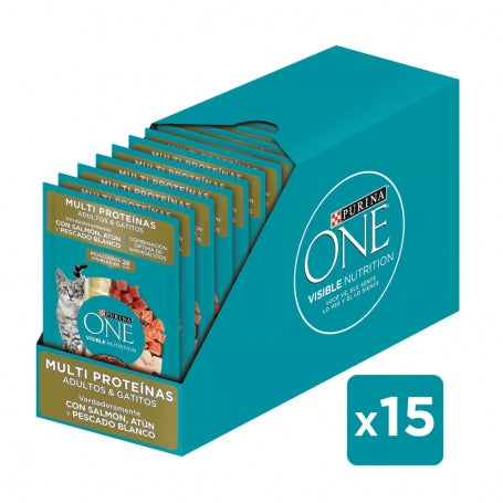 Pack 15 Sobres Purina One Gato Adulto Gatitos Multi Proteínas 85g (Salmón, Atún y Pescado blanco)
