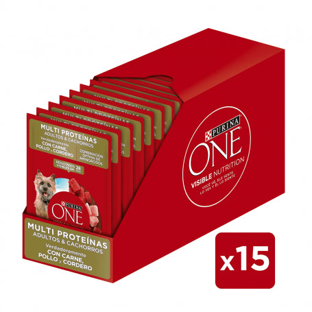 Pack 15 Sobres Purina One Perro Multi Proteínas 85g (Carne, Pollo y Cordero)