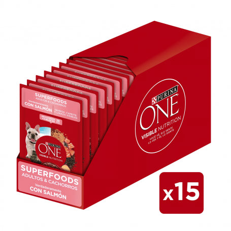 Pack 15 Sobres Purina One Gato Adulto Esterilizado SuperFoods 85g (Salmón, Quinoa, Camote y Linaza)