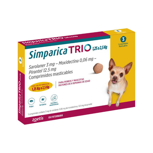 Simparica trio 1.3 - 2.5 kg antiparasitario para perros caja 3 comprimidos